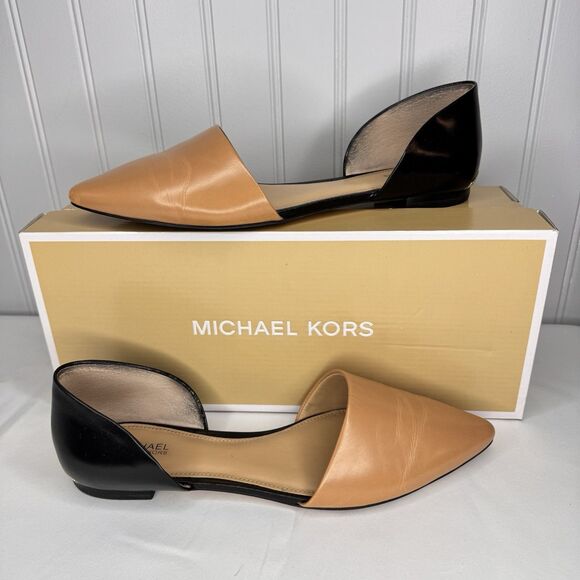Michael Kors Sz 8M Julieta Flats Black Sun Tan Leather d'Orsay Pointed Shoe - Picture 1 of 9